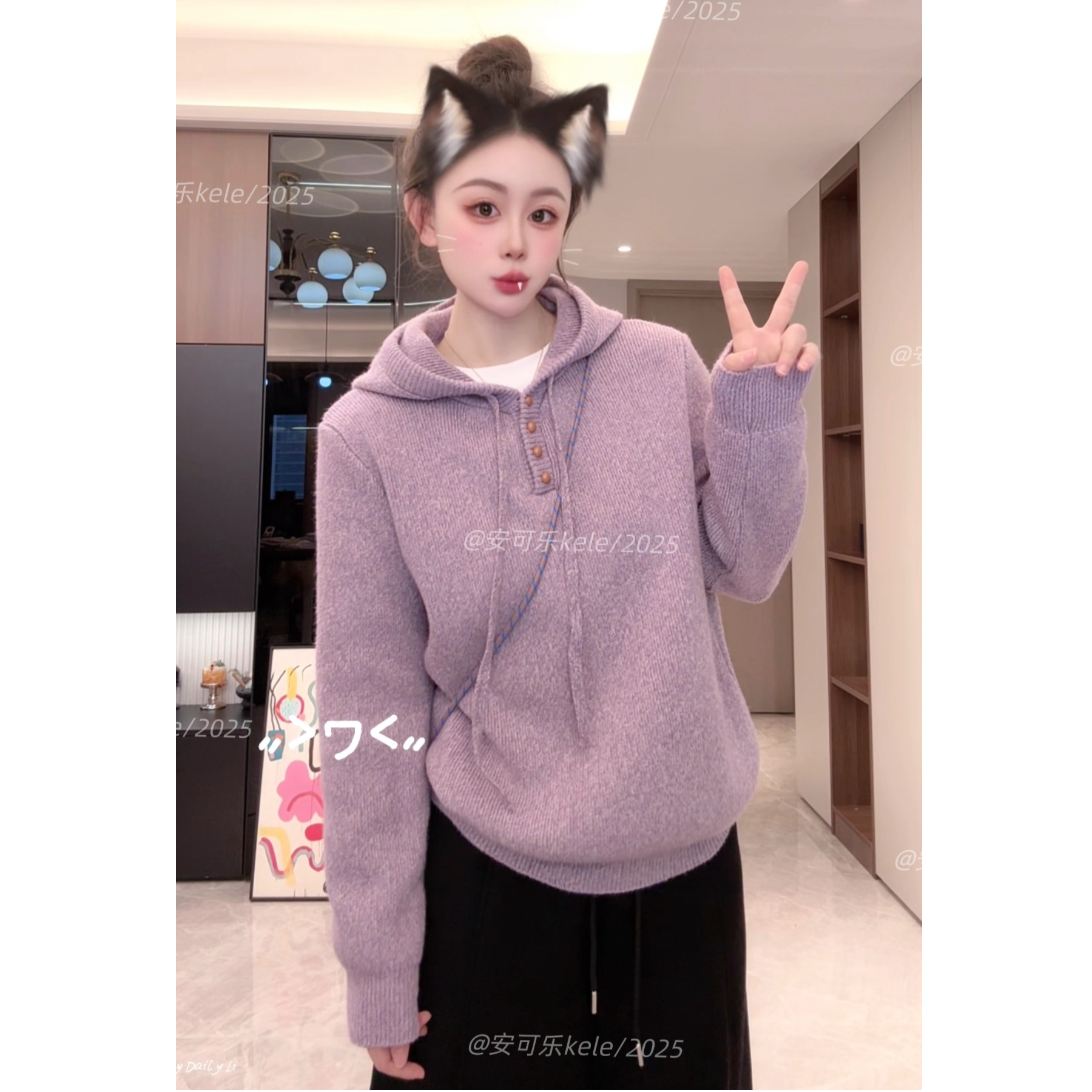 MEIZHENZI【外套搭子】紫色连帽毛衣女士秋冬加厚针织衫宽松慵懒风