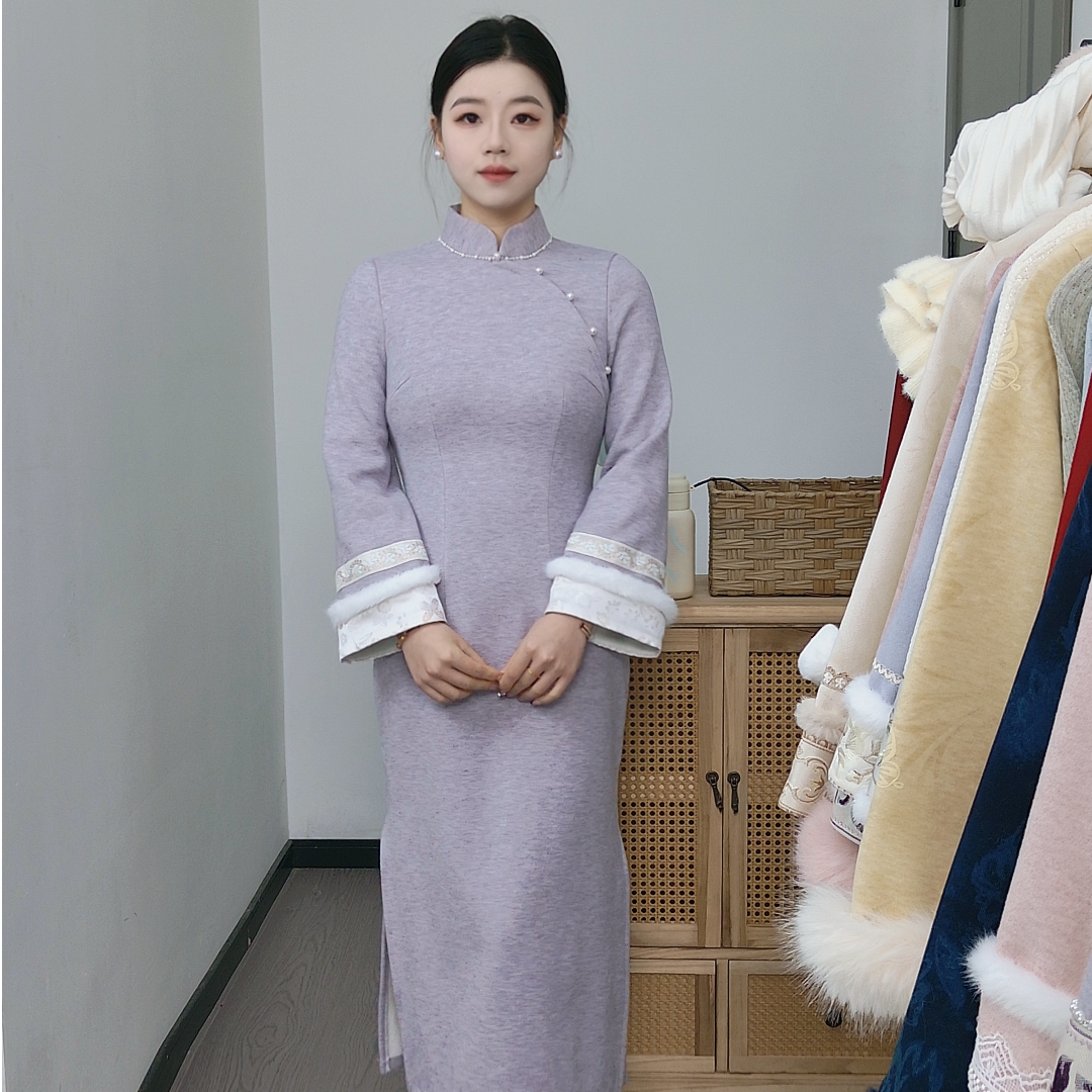 《紫玉》纯芯旗袍120CM改良后拉链加绒加厚日常冬季