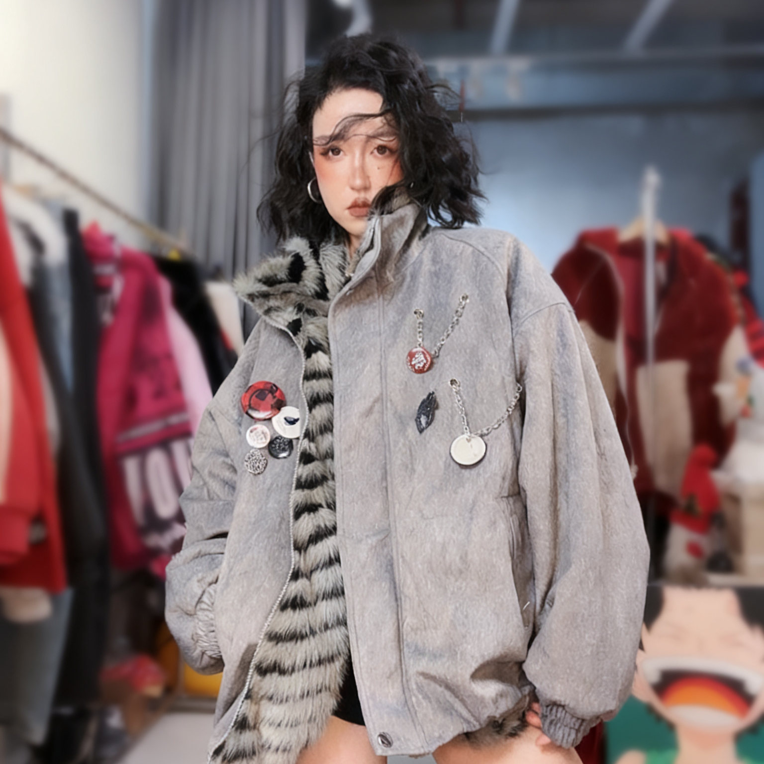 奇奇家 欧货CL 两面穿麂皮绒毛绒保暖宽松休闲棉服外套