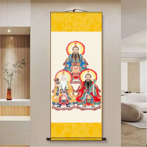 【三清】45x140cm新中式竖幅实木卷轴画客厅书房茶室挂画