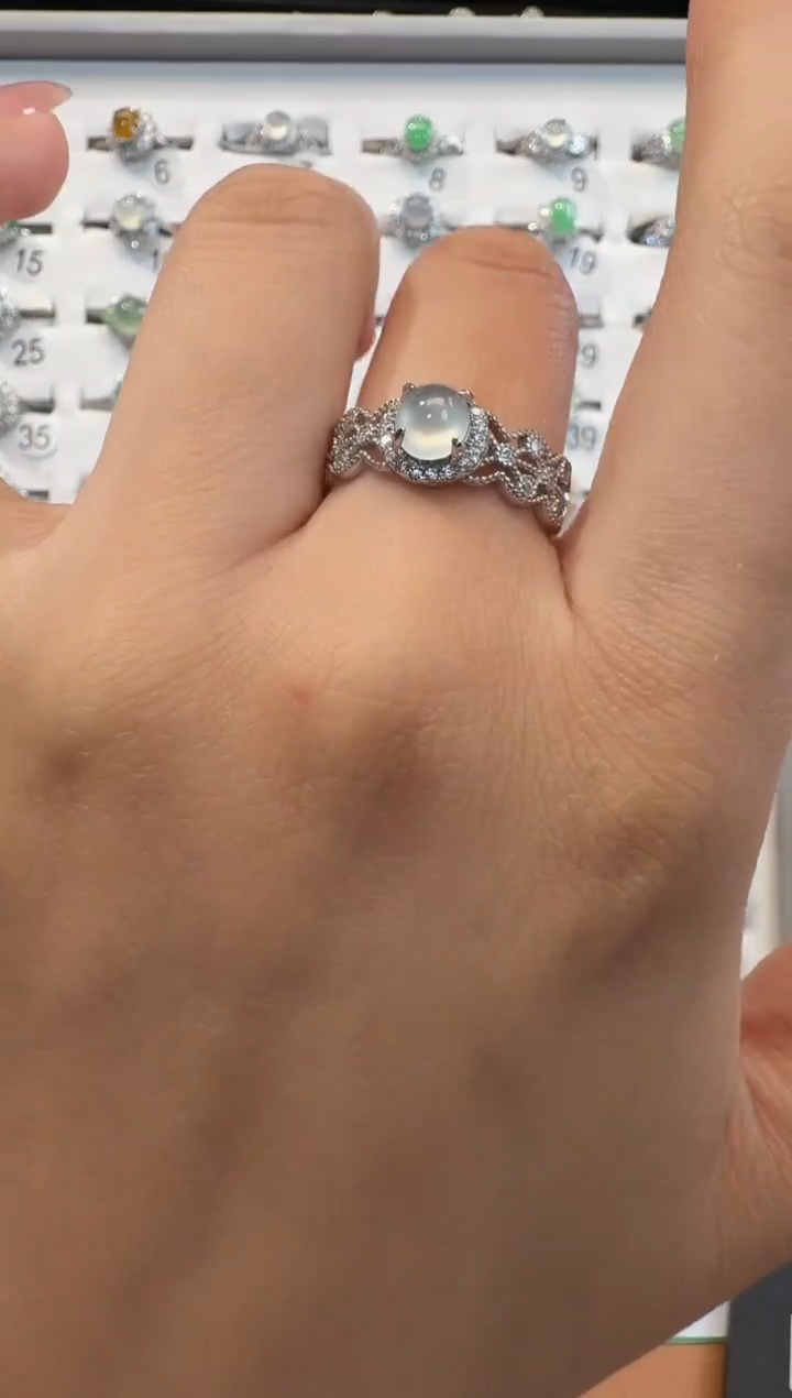 银S925镶嵌戒指翡翠925银镶翡翠戒指镶嵌165