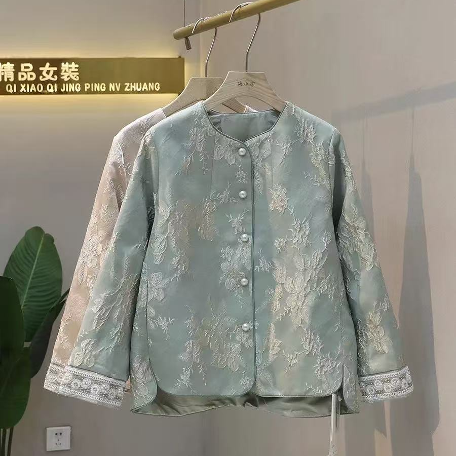 新中式圆领刺绣花朵珍珠扣国风外套女2025春季新款宽松显瘦上衣