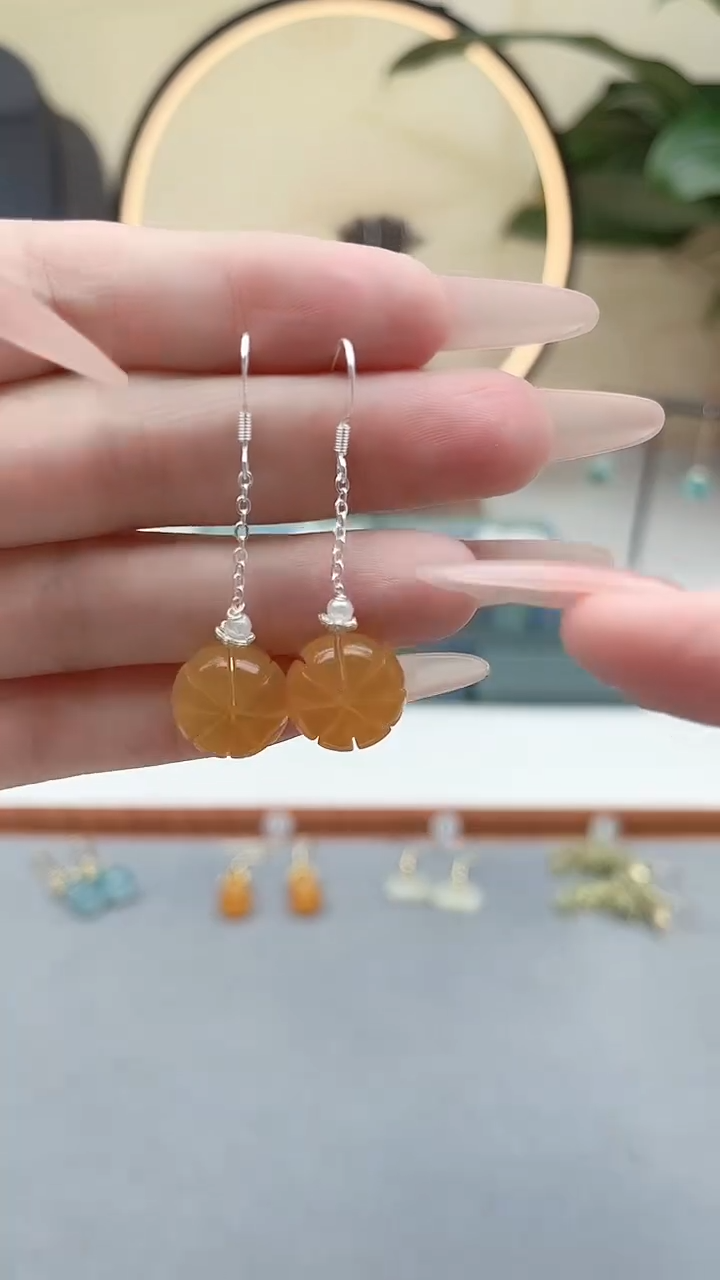 银S925镶嵌耳饰玛瑙/玉髓00黄色南瓜