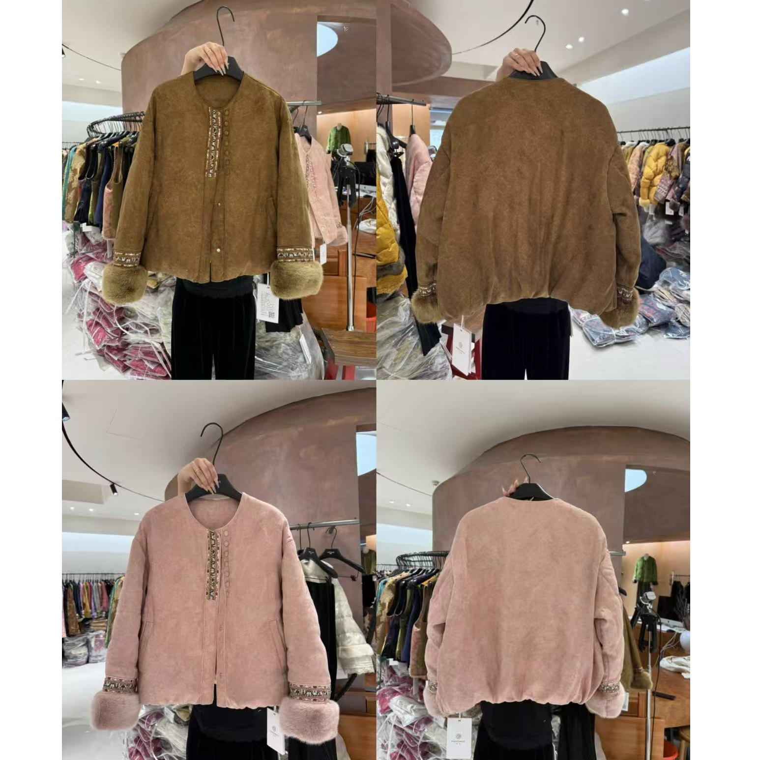 D9280新中式国风精致刺绣提花毛毛袖口宽松显瘦棉服外套