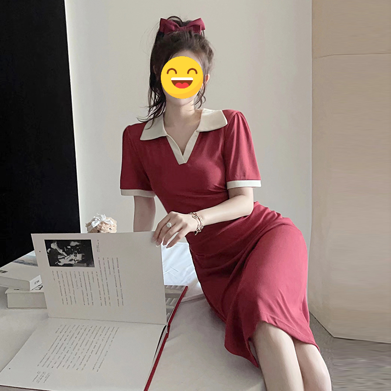 2024爆款女装大码撞色polo连衣裙女夏季新款胖MM显瘦开叉长裙