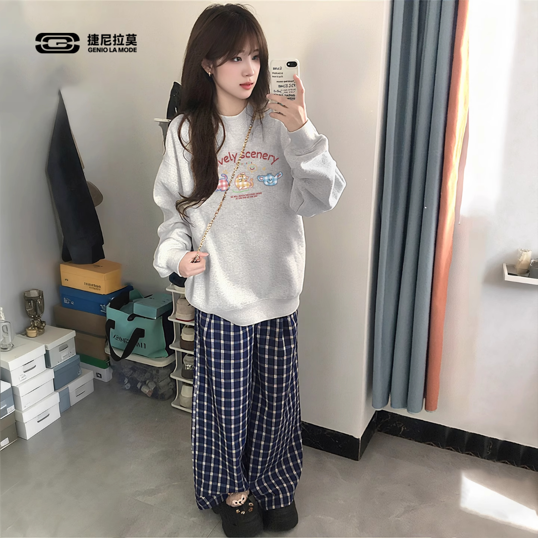 【敖瑞鹏代言】捷尼拉莫圆领卫衣女2025早秋套头衫休闲宽松学生上衣