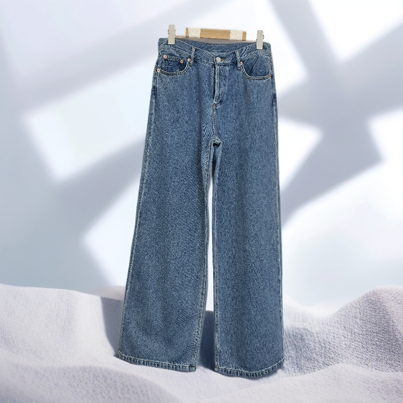 高端直筒牛仔裤女长绒纯棉百搭轻熟秋冬复古牛仔裤阔腿中高腰