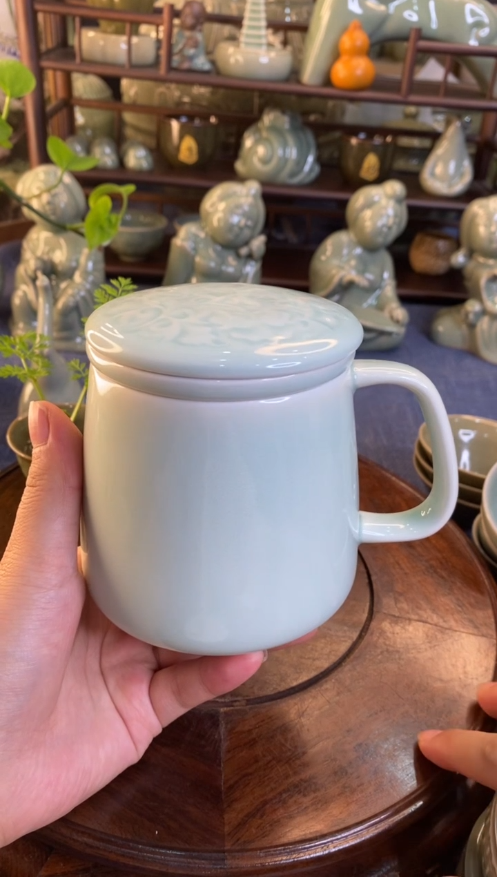 耀州窑 天青釉素面牡丹茶漏杯 微瑕特价1只
