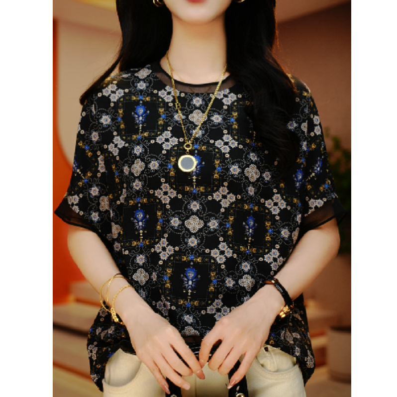 珠光宝气-高端短袖时尚显瘦显白百搭印花圆领减龄上衣女