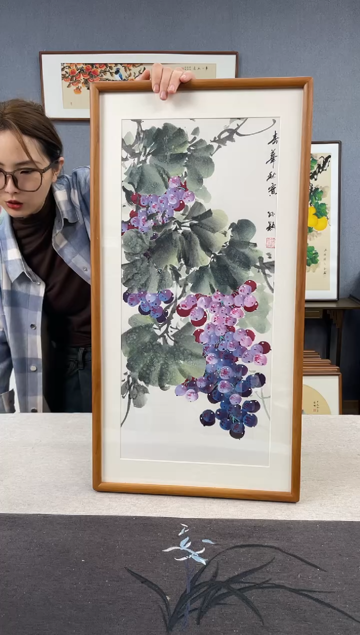 【闪购商品】国画手写手绘带框作品-35*68-葡萄