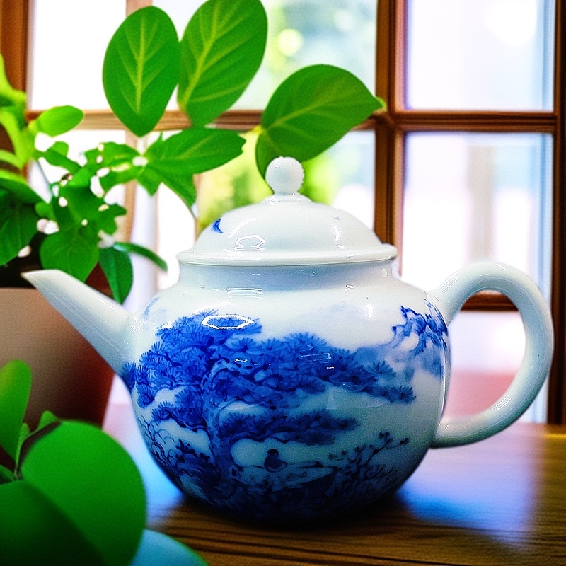 【纯手工手绘】景德镇亦陶斋张平-青花汉白山水壶