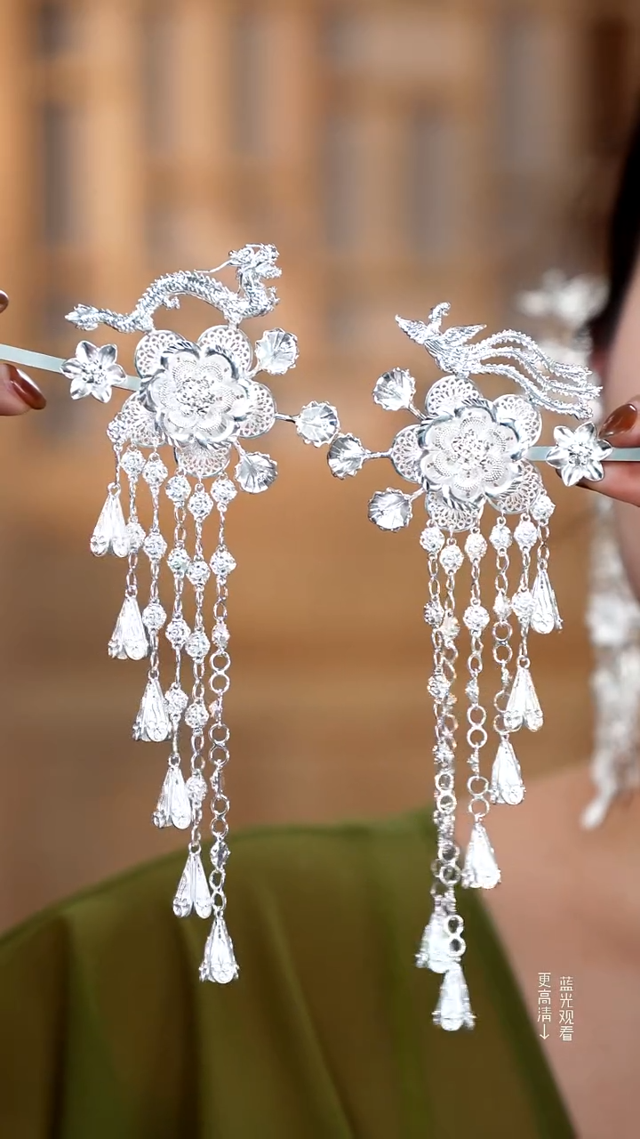 珐琅足银新款龙凤牡丹花发簪一对115.9克