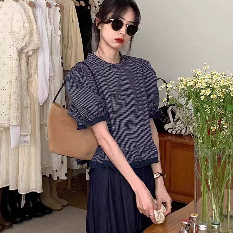 韩代格子短袖夏季拼接衬衫泡泡袖小众木耳领女装