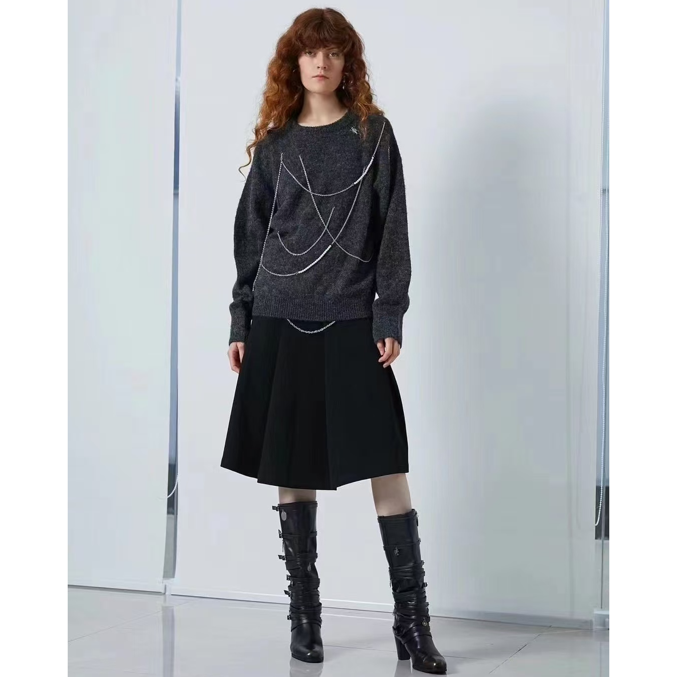 NONHUMAN链条珍珠挂饰套头圆领羊毛毛衣宽松秋冬时尚