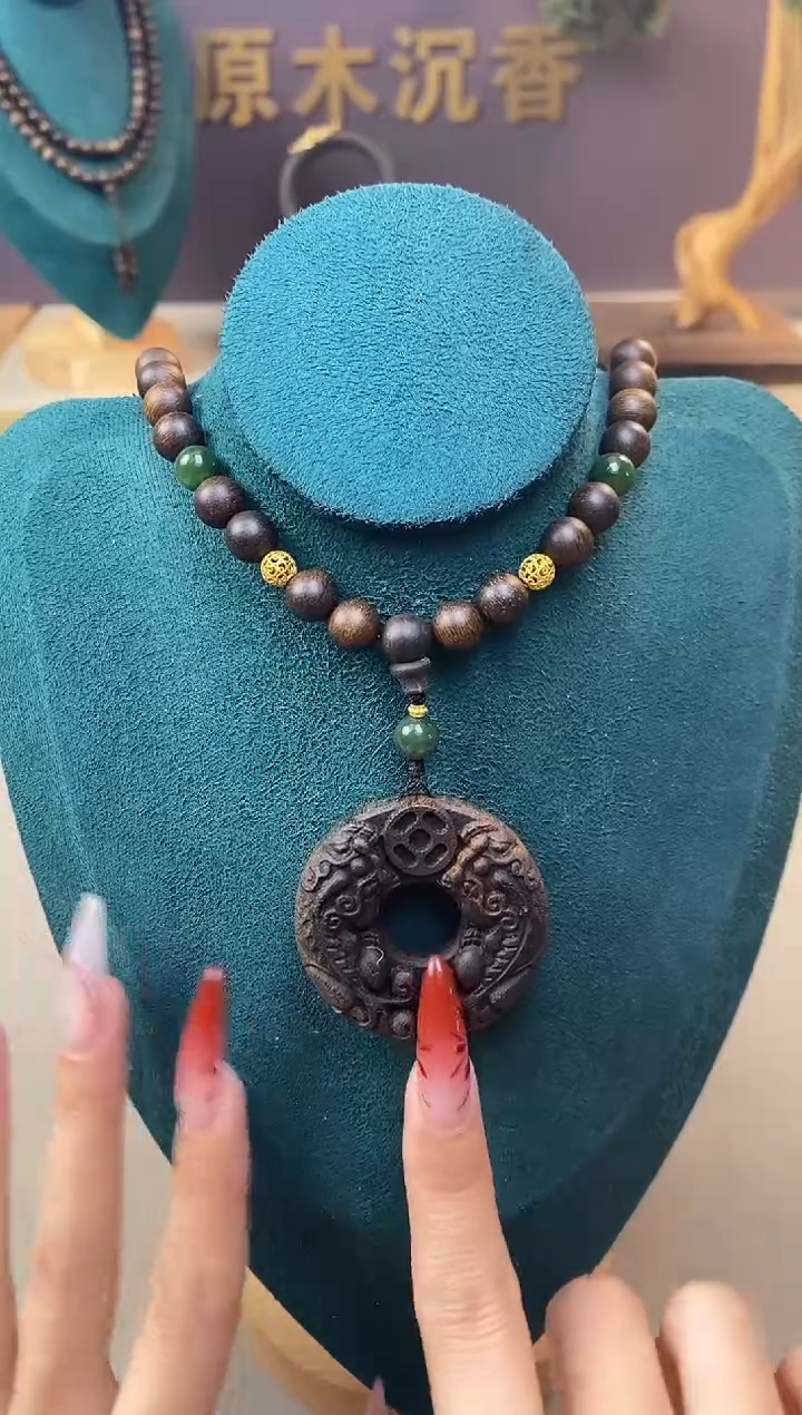 【闪购商品】沉香手串J沉水紫棋08三圈+白棋沉香木雕貔貅环