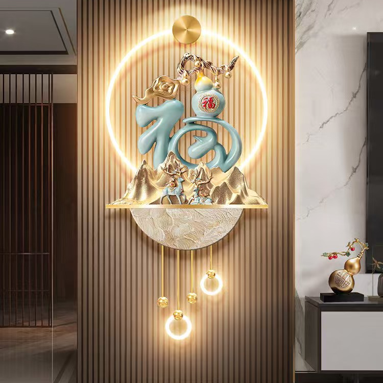 葫芦福字客厅电视机格栅装饰挂件轻奢金山麋鹿玄关背景墙壁画带灯