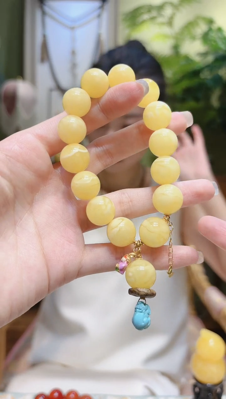 【闪购商品】蜜蜡裸石18K金镶嵌单珠绿松貔貅提溜蜜蜡手串