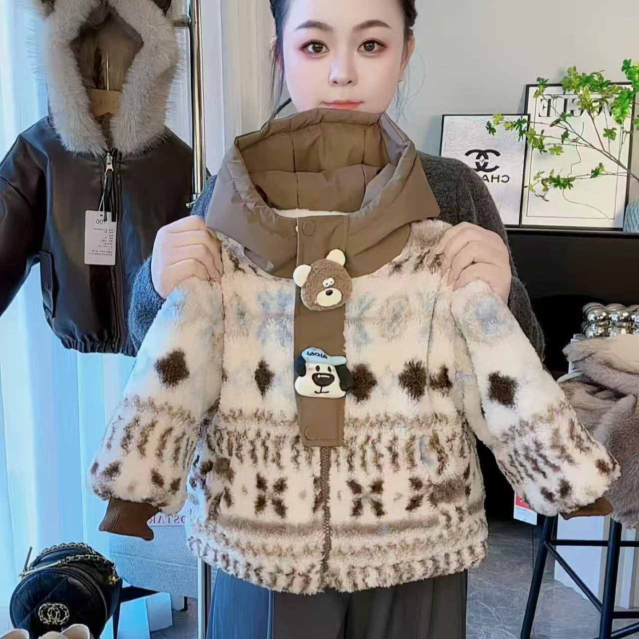 YT25加厚冬季新款费尔岛风格连帽加绒保温外套慵懒宽松男女童