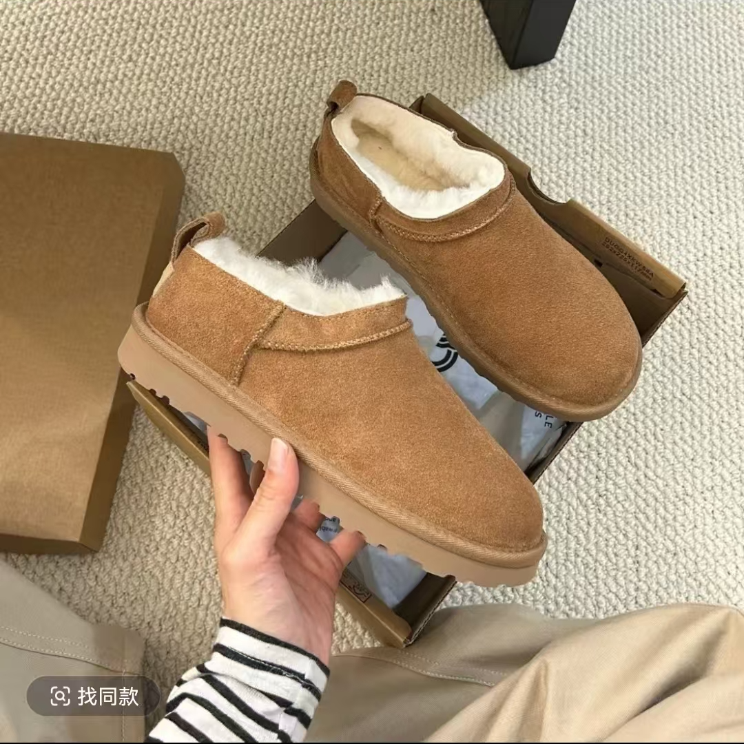 【超级mini2CM】新款桑坡羊毛一体真皮雪地加厚加绒脚蹬保暖棉鞋
