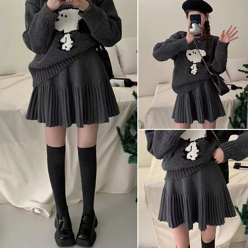 OYRS秋冬新款洋气小个子冬季大码女装百搭高腰A字裙针织百褶裙女