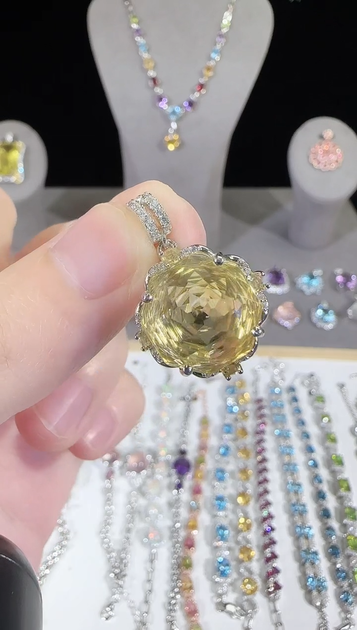 银S925镶嵌颈饰黄晶14mm玫瑰款吊坠