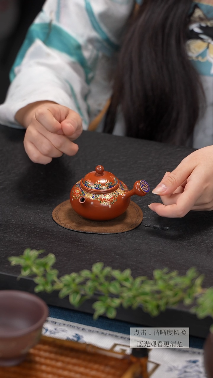 茶壶紫砂朱泥大红袍流云壶珐琅彩嵇芳老师手作