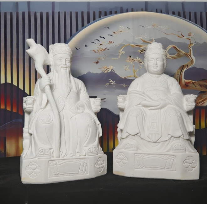 汉白玉青石福德正神土地公土地婆一对