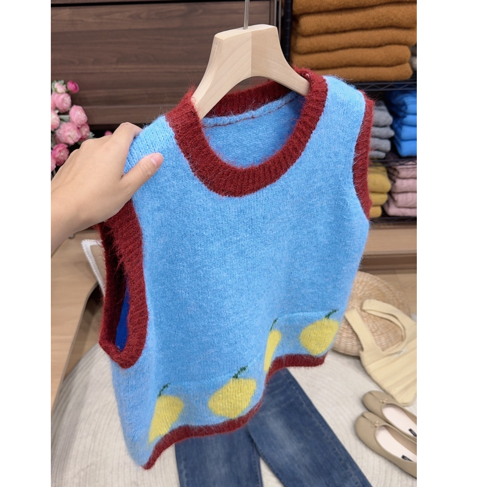 撞色提花韩系新款圆领女装马甲潮洋气