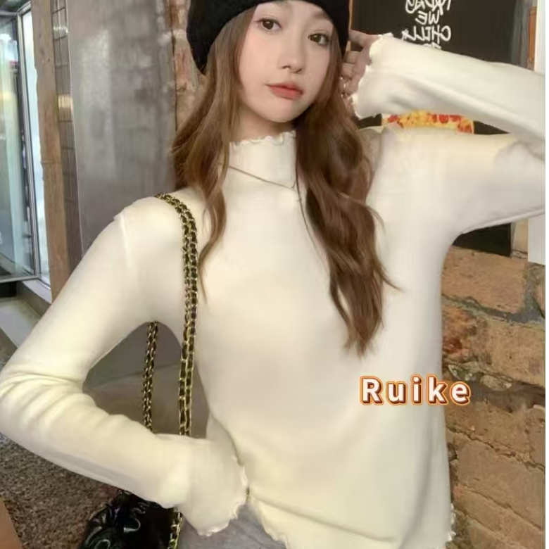 水貂绒打底衫木耳边加绒半高领针织衫