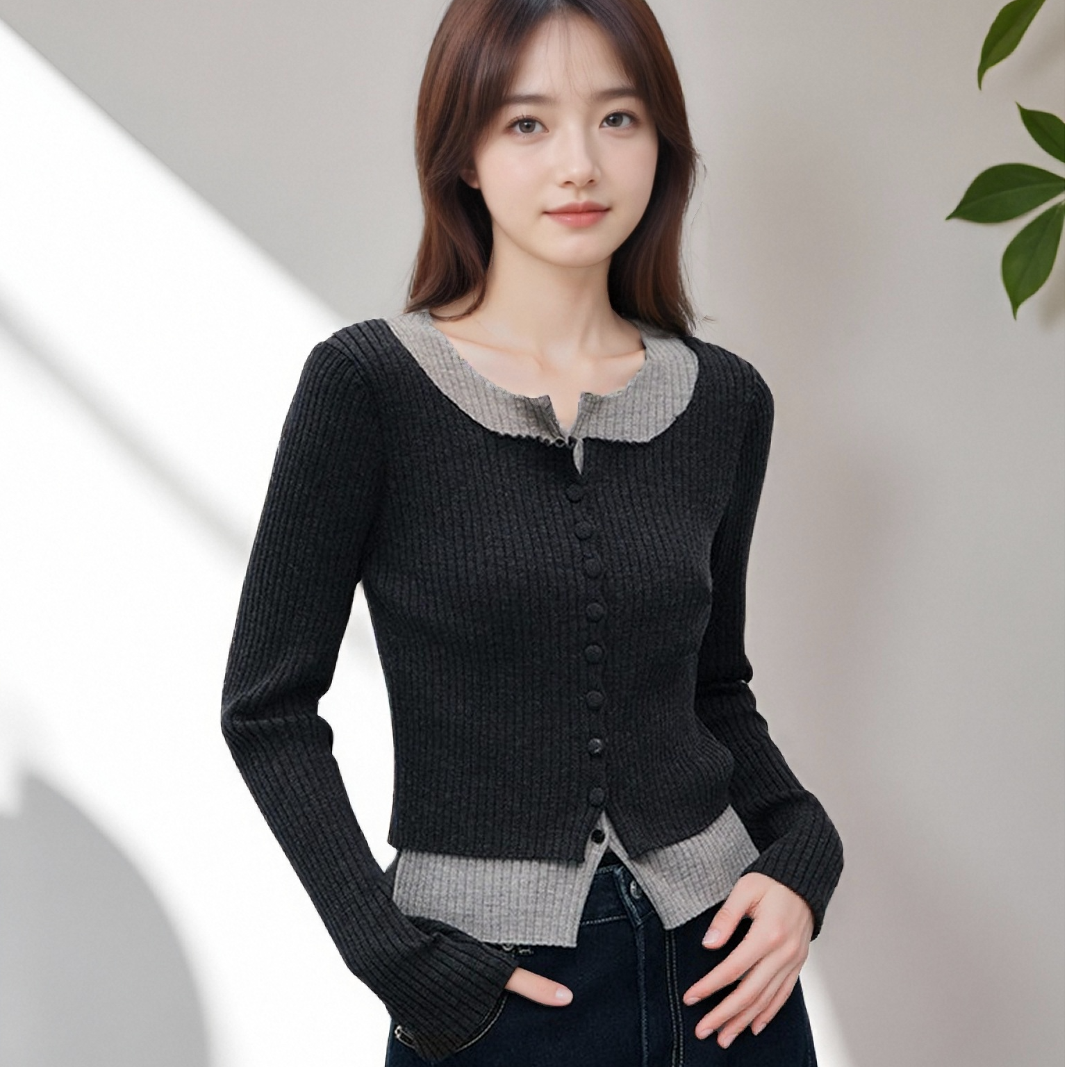 蒙面羊毛针织衫 小千金风双层假两件撞色毛衣