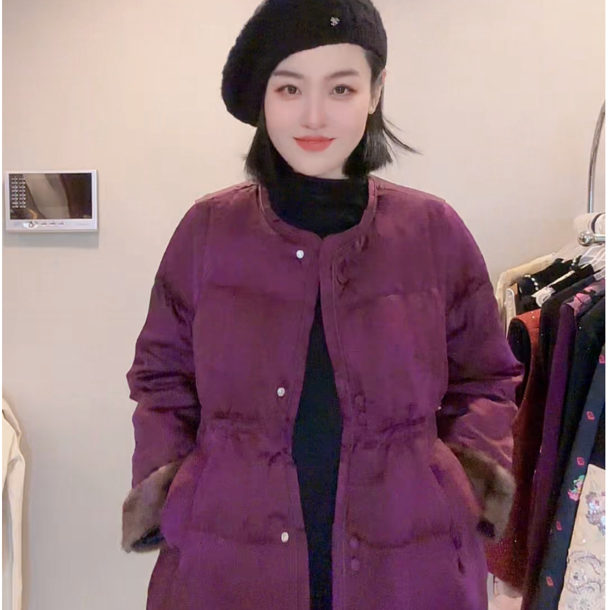 FL 3789｛福由心生｝新中式人丝香云纱拼接水貂毛宽松保暖羽绒服