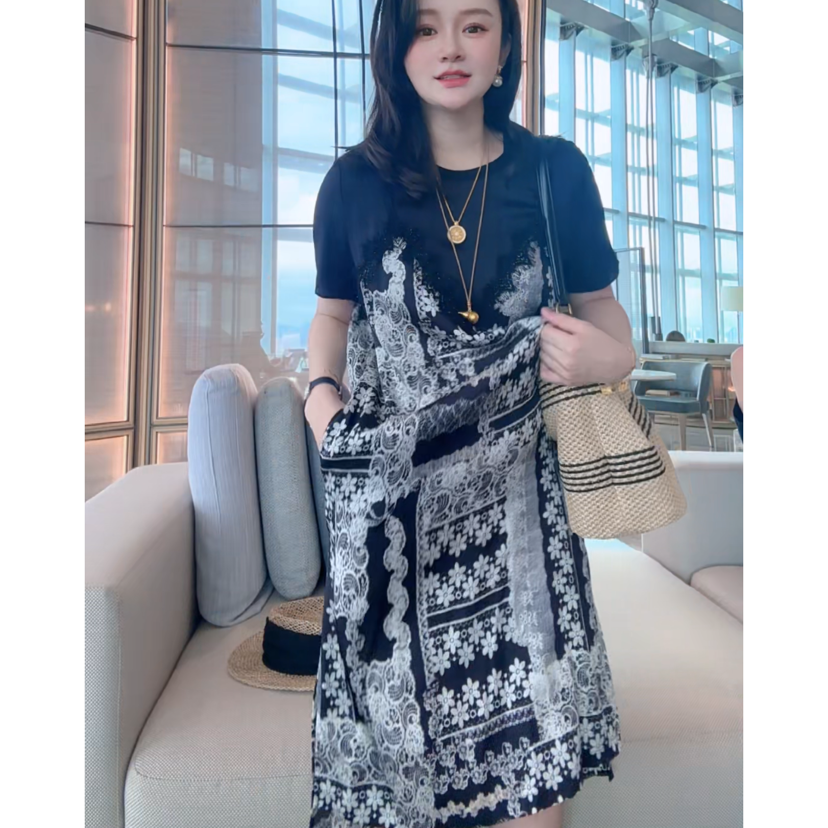 【丝芙玉禄】(S392)真丝圆领拼接假两件桑蚕丝女装连衣裙