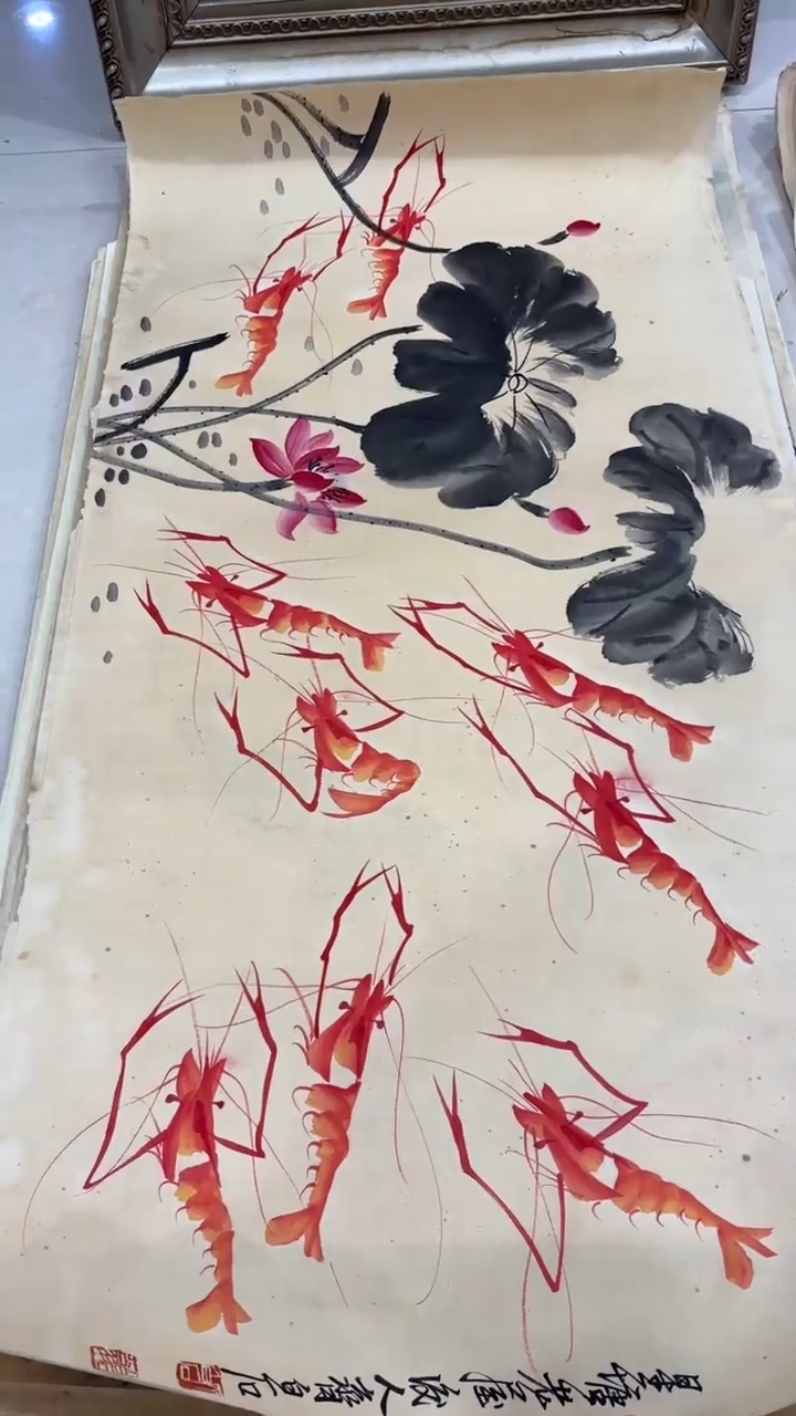 带灯款古艺虾趣图三尺