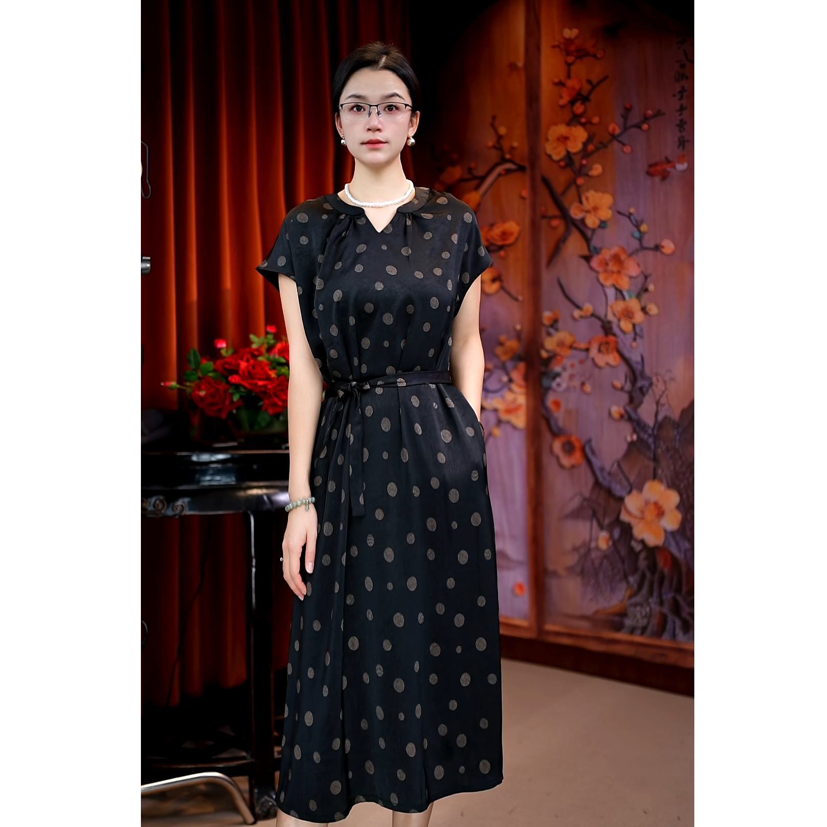 （波点）高弹力新中式波点英伦风连衣裙复古国风气质长款碎花
