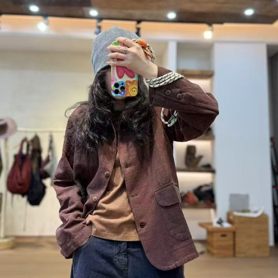 忆古朴拙色织亚麻棉斜挖袋西装外套241104时尚休闲百搭设计师