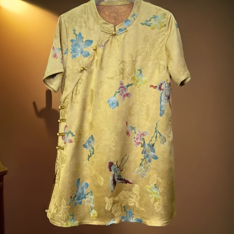 新中式夏季短袖薄款黄色中长款花纹上衣斜襟立领夏季中国风中长款