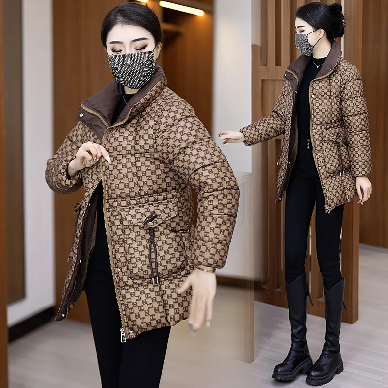 D加绒加厚妈妈装棉衣女中长款冬季新款立领棉服休闲洋气棉袄