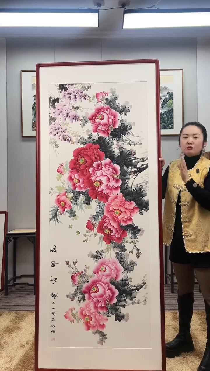 国画手绘牡丹202*82尺寸