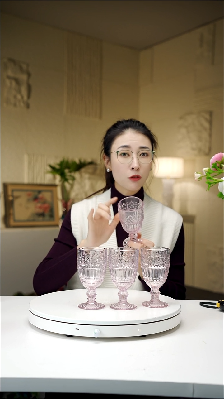 手工艺品琉璃粉色高脚杯一套6只