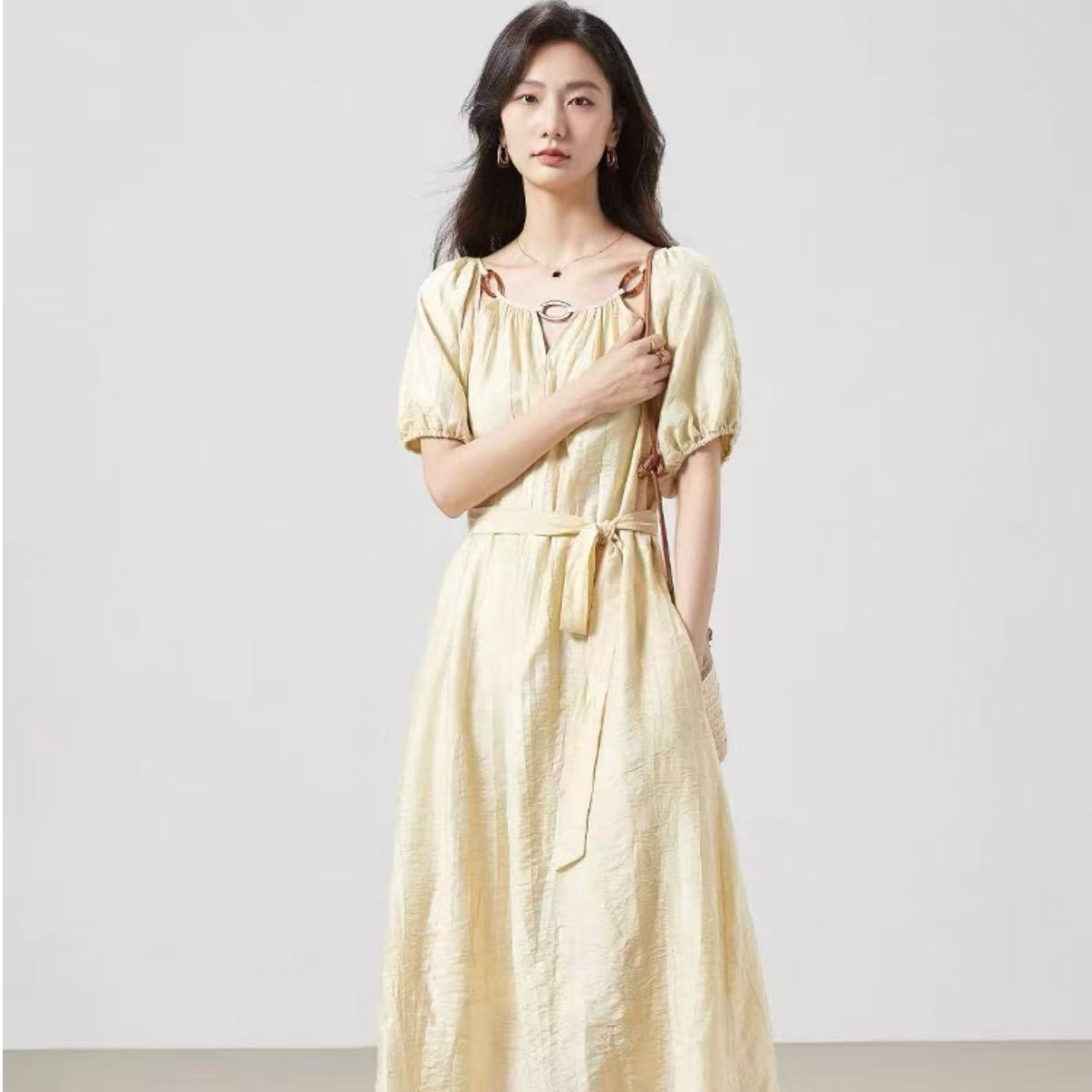 【TD】2025夏季新款韩版圆领拼接气质显瘦中长款连衣裙女1583