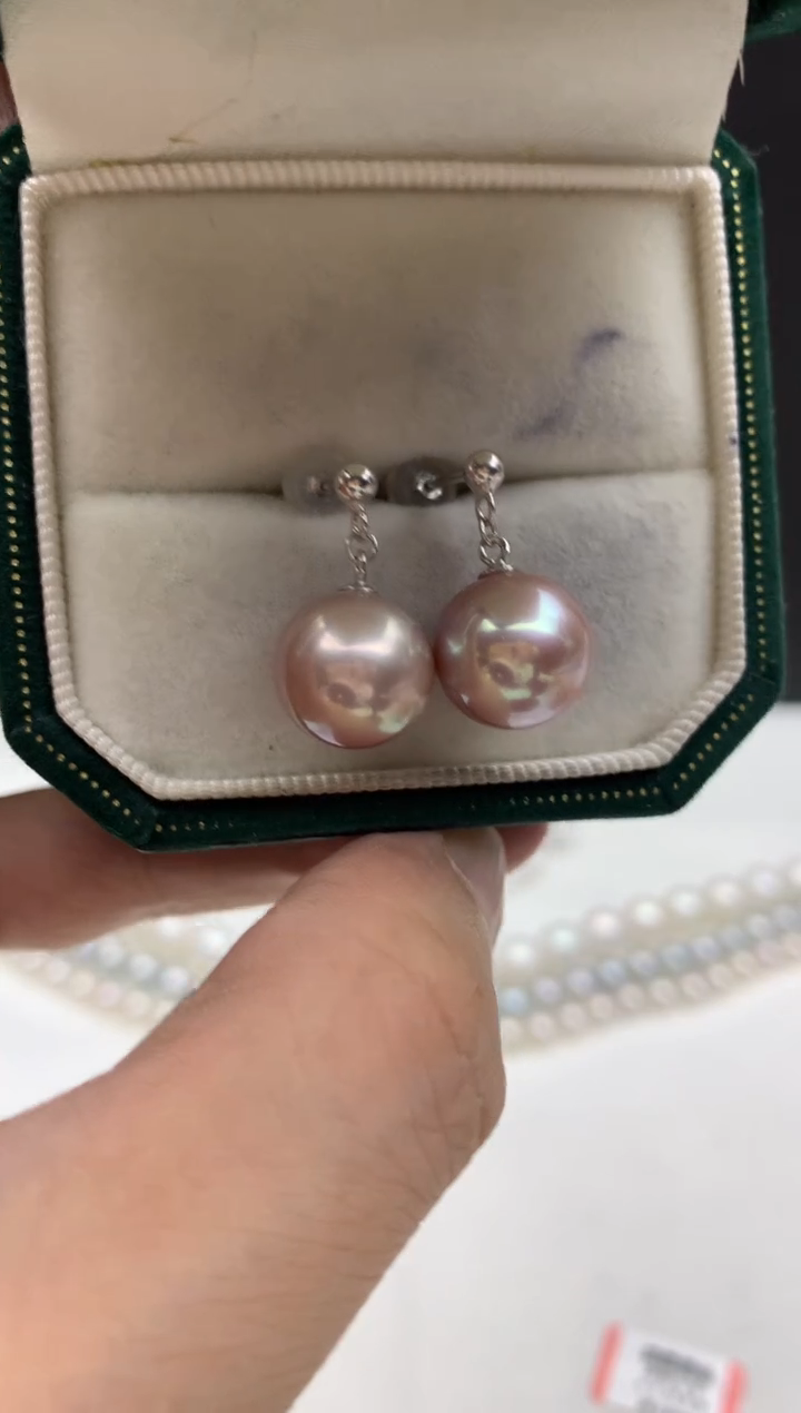 银S925镶嵌ff淡水珍珠紫珠耳饰11~12mm