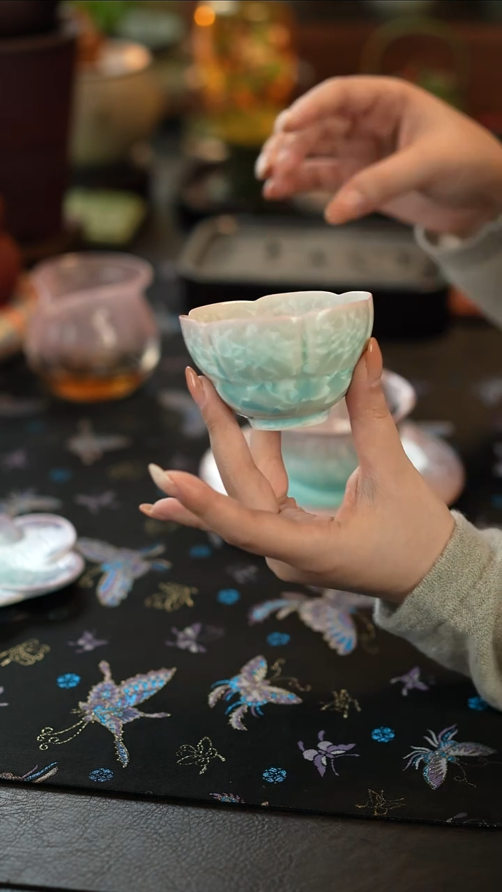 摆件陶窑变结晶釉渐变青-花魁杯