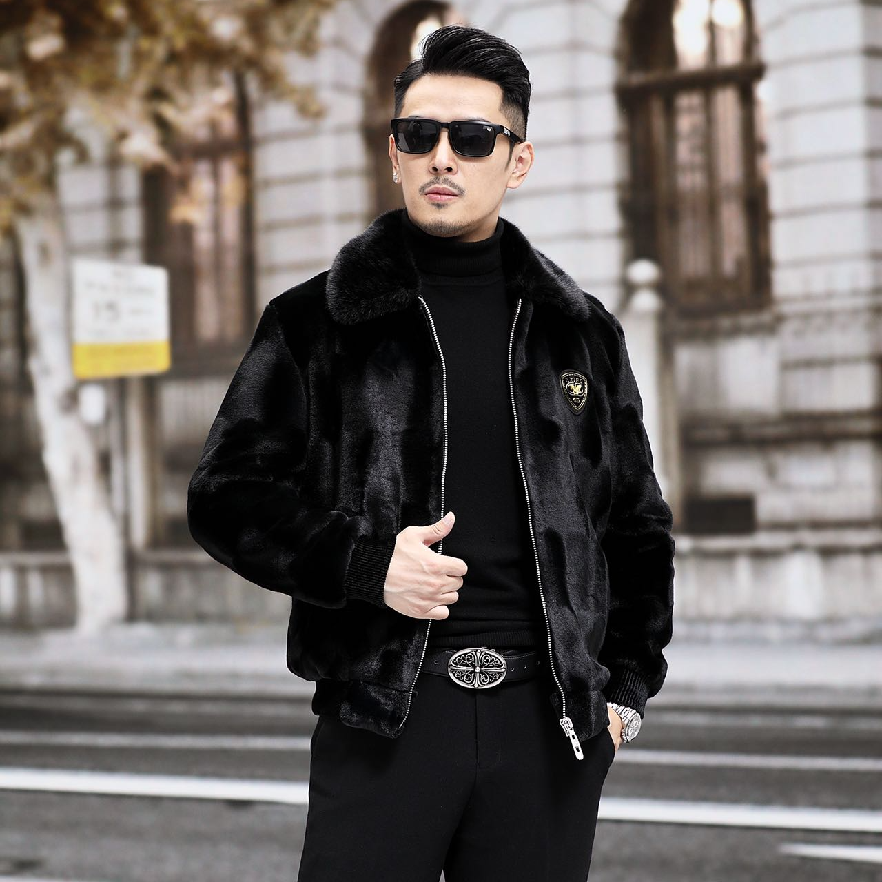 经典刷花加厚保暖男貂冬季黑色短款设计师外套