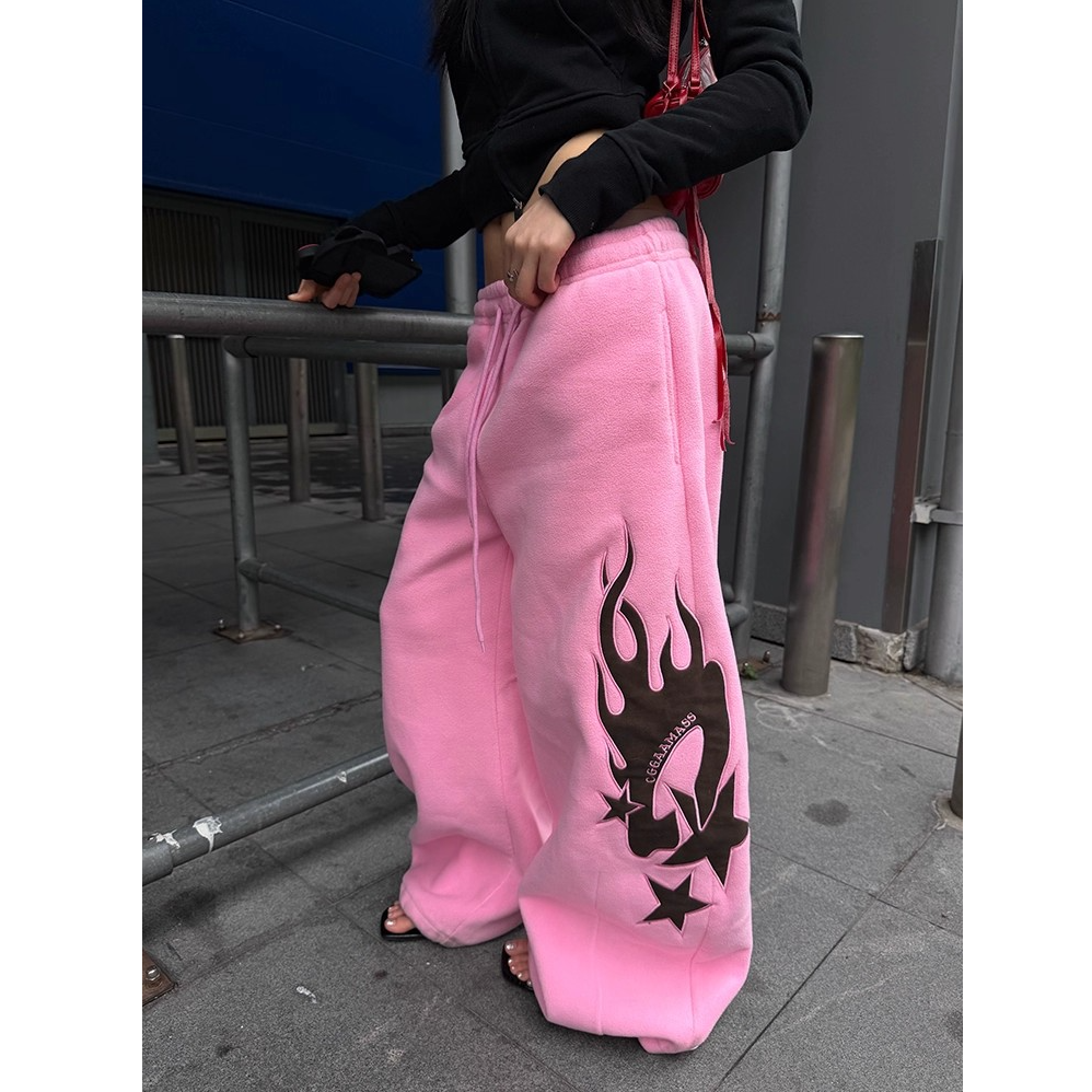美式设计感火焰印花抽绳阔腿卫裤男女宽松休闲百搭长裤
