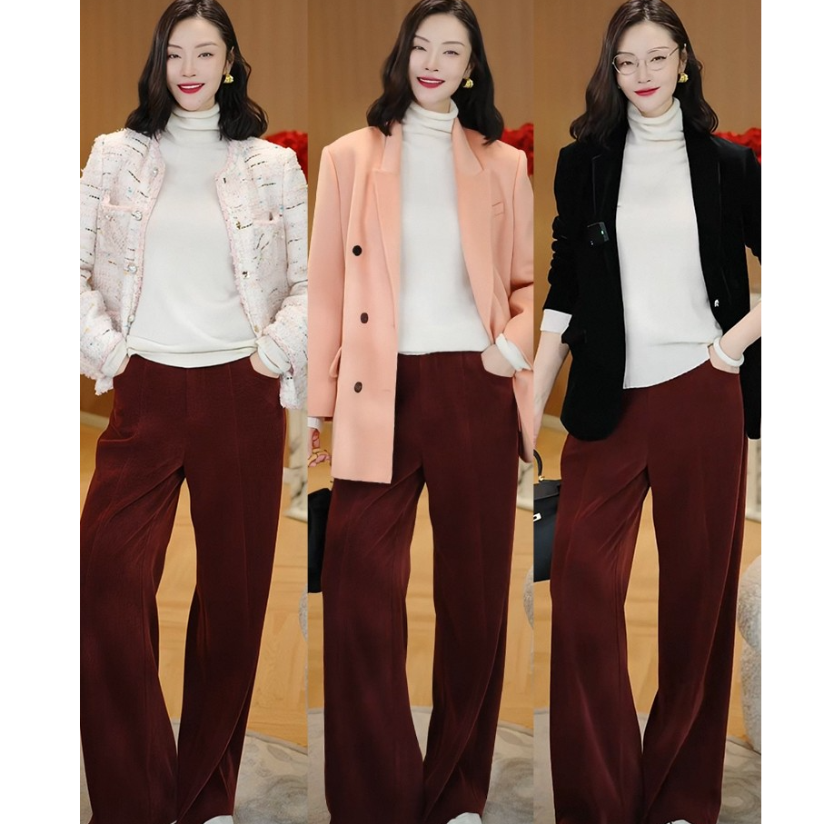 馆东 柔软雪尼尔灯芯绒显瘦后松紧腰休闲时尚阔腿拖地裤 轻暖零压