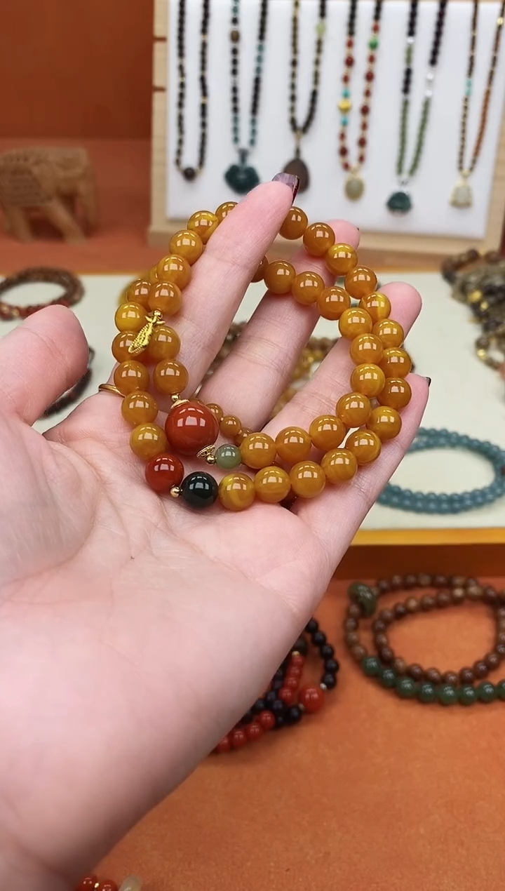 手链蜜蜡未镶嵌双圈蜜蜡和田南红手串