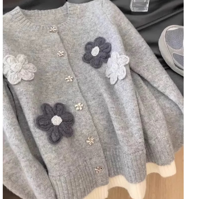 灰色重工花朵针织毛衣外套女春秋休闲慵懒宽松显瘦假两件开衫上衣