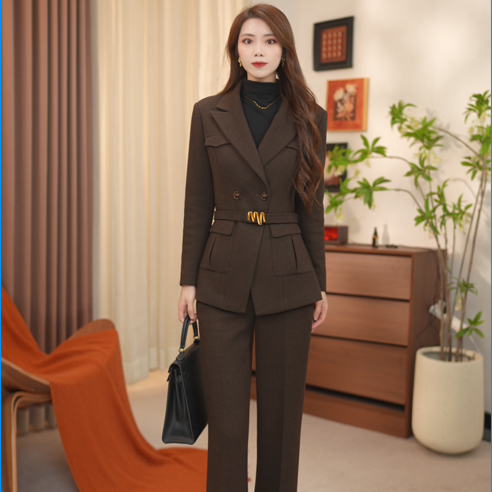 2025冬款羊毛摩卡棕长袖高级感西装套装女神范通勤穿搭（3393c）