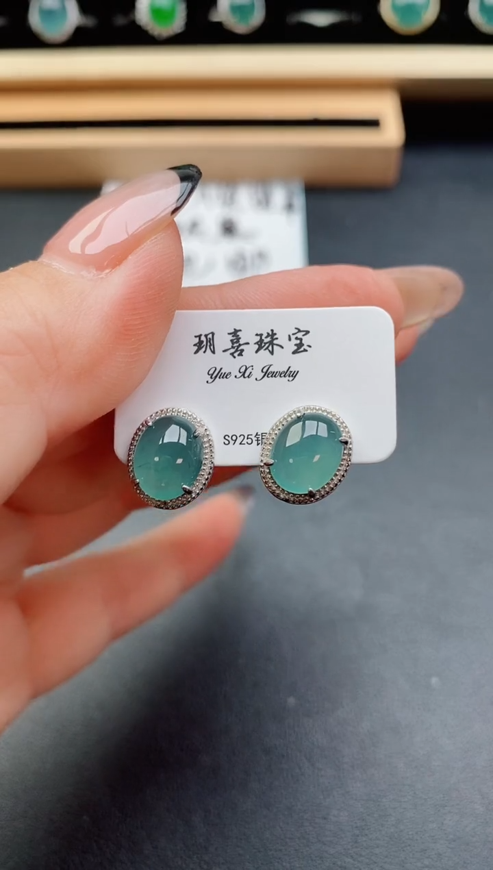 翡翠银S925镶嵌耳饰508500