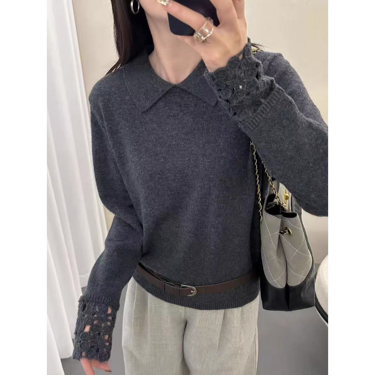 【6019】100%绵羊毛针织衫女2025时尚百搭尖领袖口镂空羊毛衫